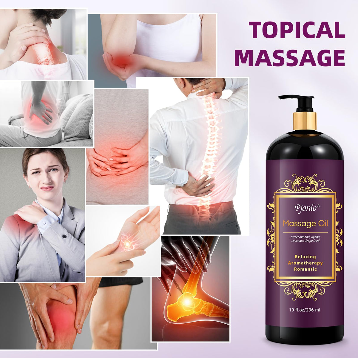 Pjordo Lavender Massage Oil 296ml - Aromatherapy Body Oil for Relaxing, Soothing Skin - Grape Seed, Sweet Almond, Jojoba - Damaged Box
