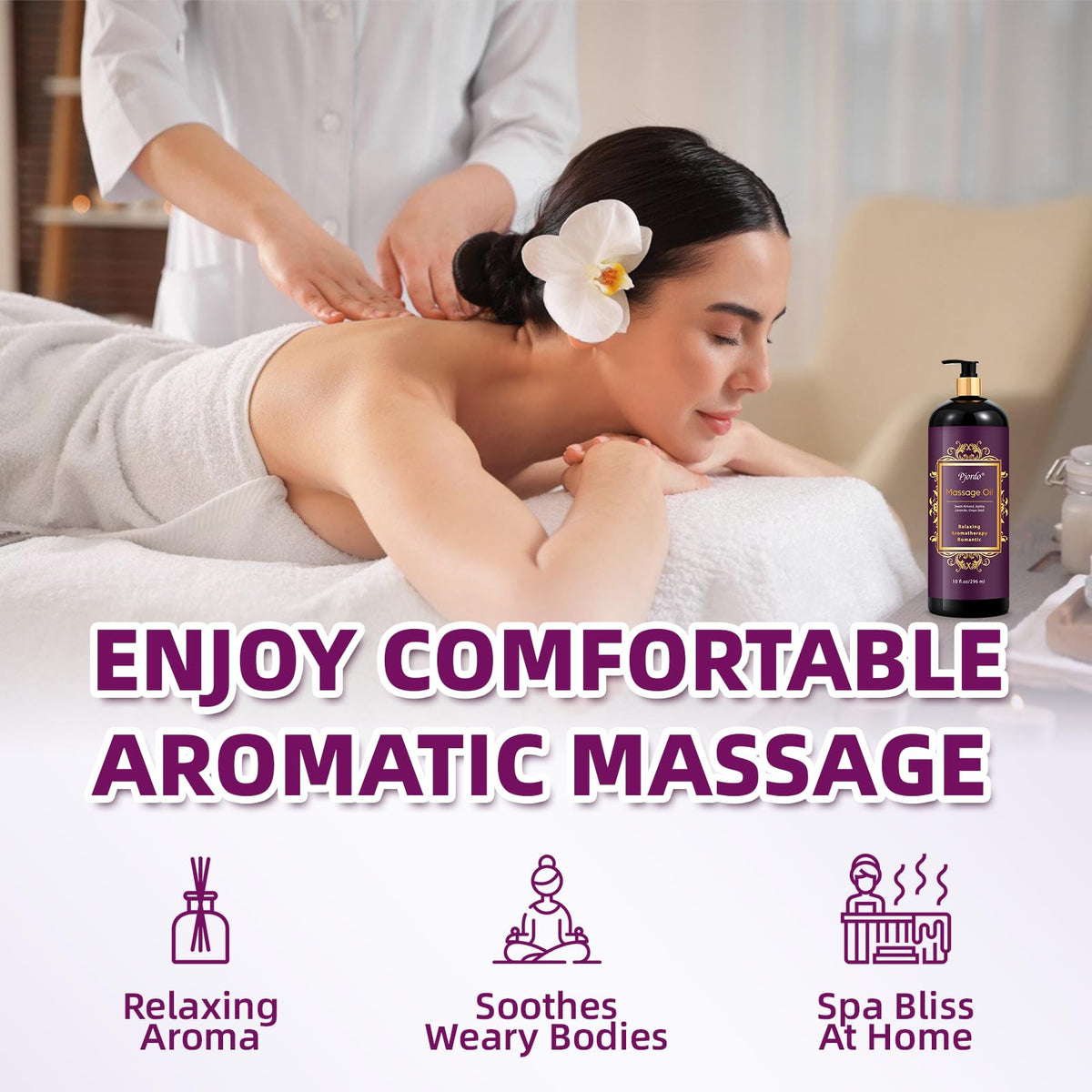 Pjordo Lavender Massage Oil 296ml - Aromatherapy Body Oil for Relaxing, Soothing Skin - Grape Seed, Sweet Almond, Jojoba - Damaged Box
