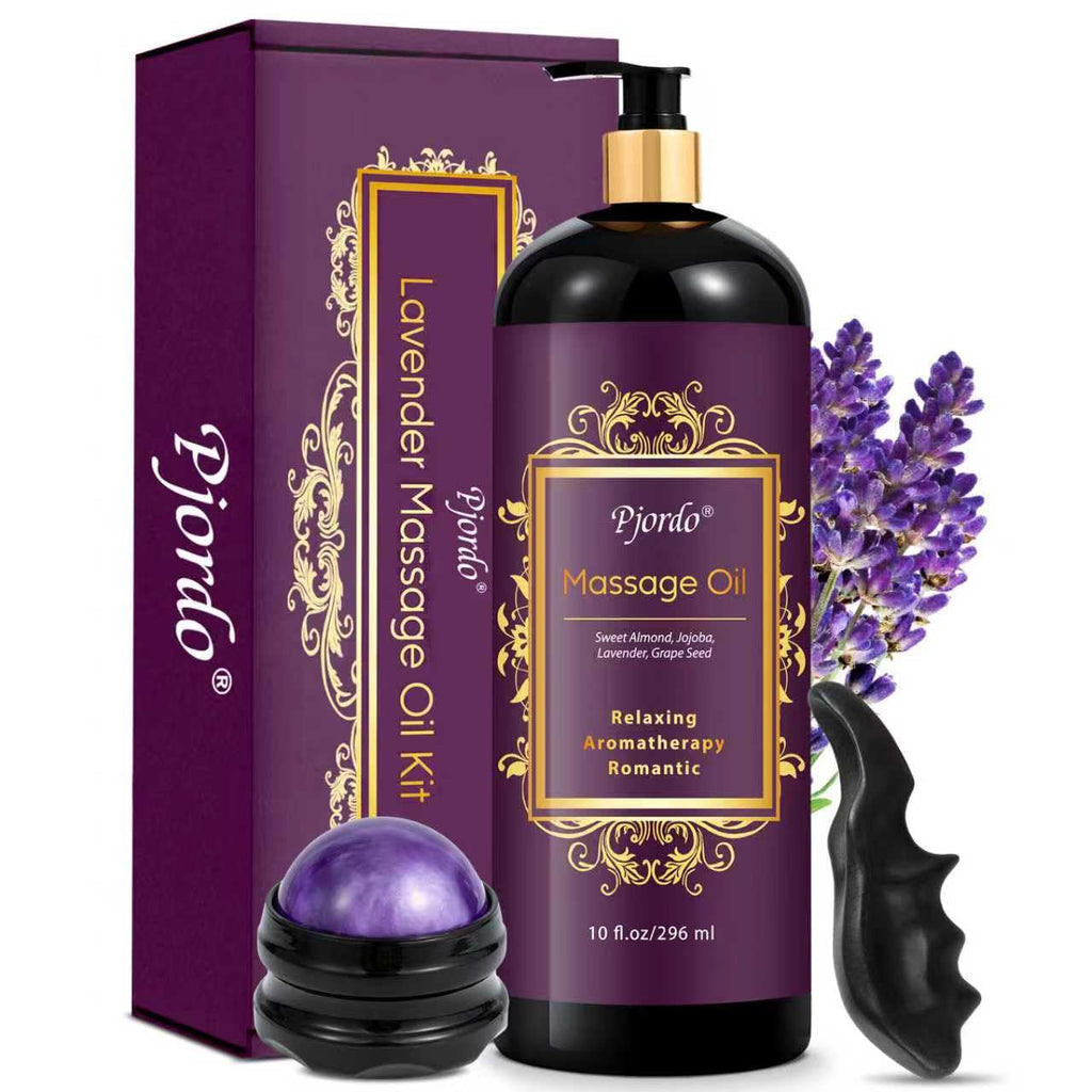 Pjordo Lavender Massage Oil 296ml - Aromatherapy Body Oil for Relaxing, Soothing Skin - Grape Seed, Sweet Almond, Jojoba - Damaged Box
