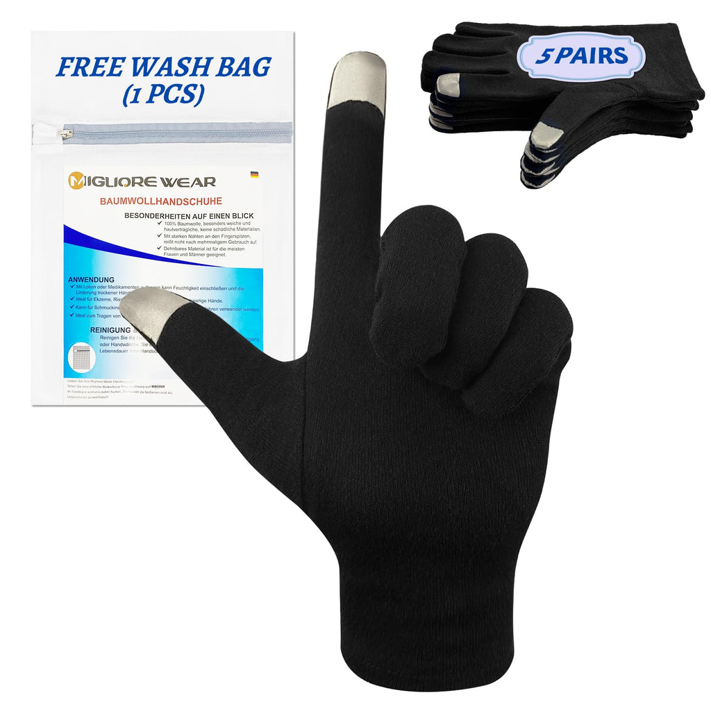 Migliore Wear 5 Pairs Cotton Eczema Gloves - Touchscreen Black - Moisturising Dry Skin Hand Protection - Damaged Box