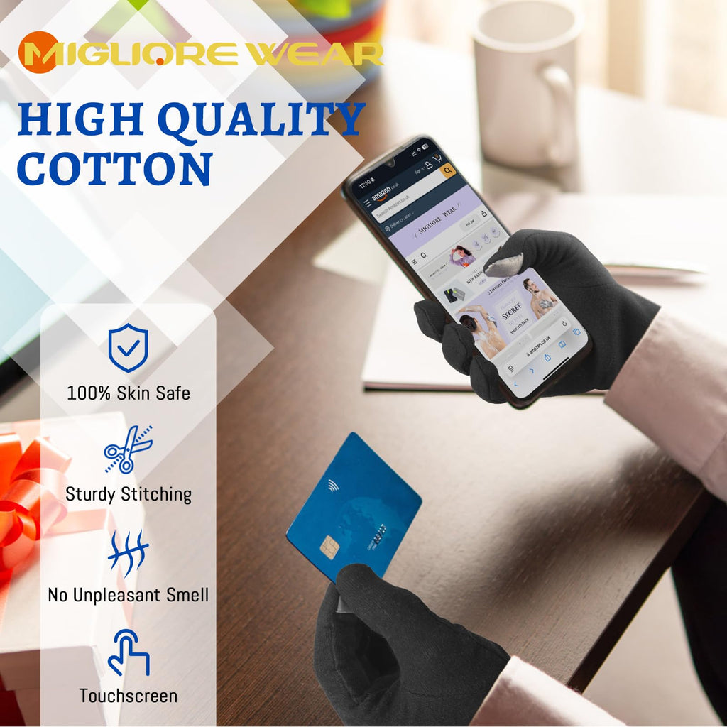 Migliore Wear 5 Pairs Cotton Eczema Gloves - Touchscreen Black - Moisturising Dry Skin Hand Protection - Damaged Box