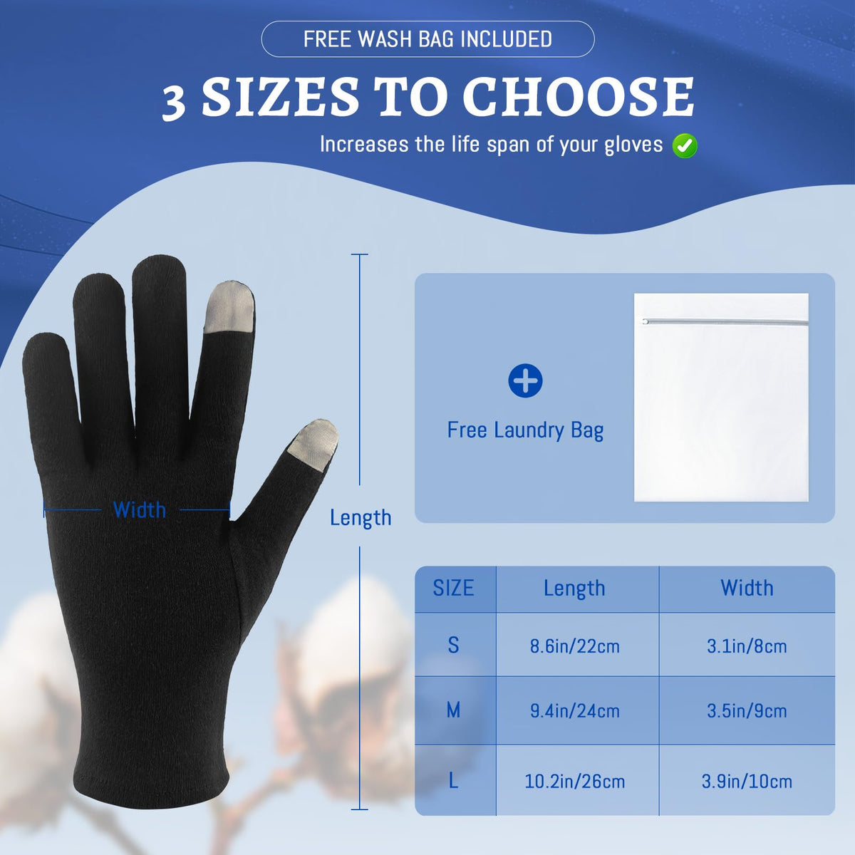 Migliore Wear 5 Pairs Cotton Eczema Gloves - Touchscreen Black - Moisturising Dry Skin Hand Protection - Damaged Box