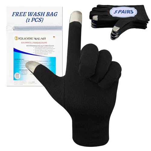 Migliore Wear 5 Pairs Cotton Eczema Gloves - Touchscreen Black - Moisturising Dry Skin Hand Protection - Damaged Box