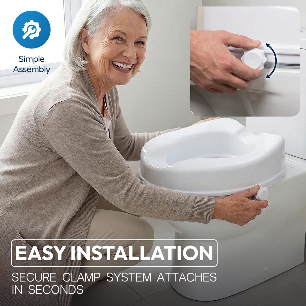 Eazy 4 Inch Raised Toilet Seat - Secure Locking Riser for Elderly Disabled Adults - Hip Knee Recovery Aid - New