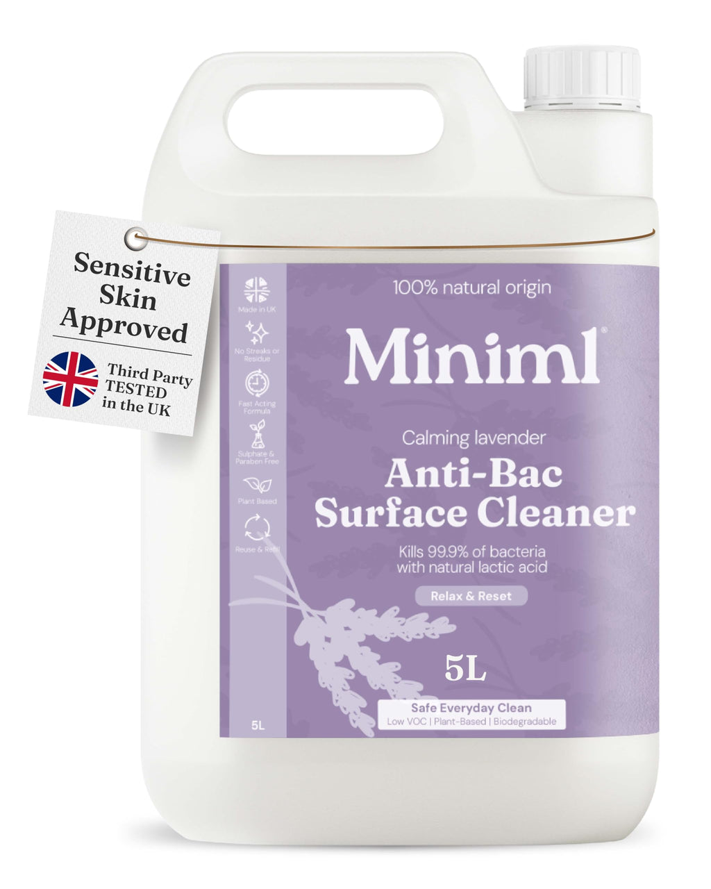 Miniml Eco Antibacterial Surface Cleaner Spray Refill 5L - French Lavender Disinfectant - New