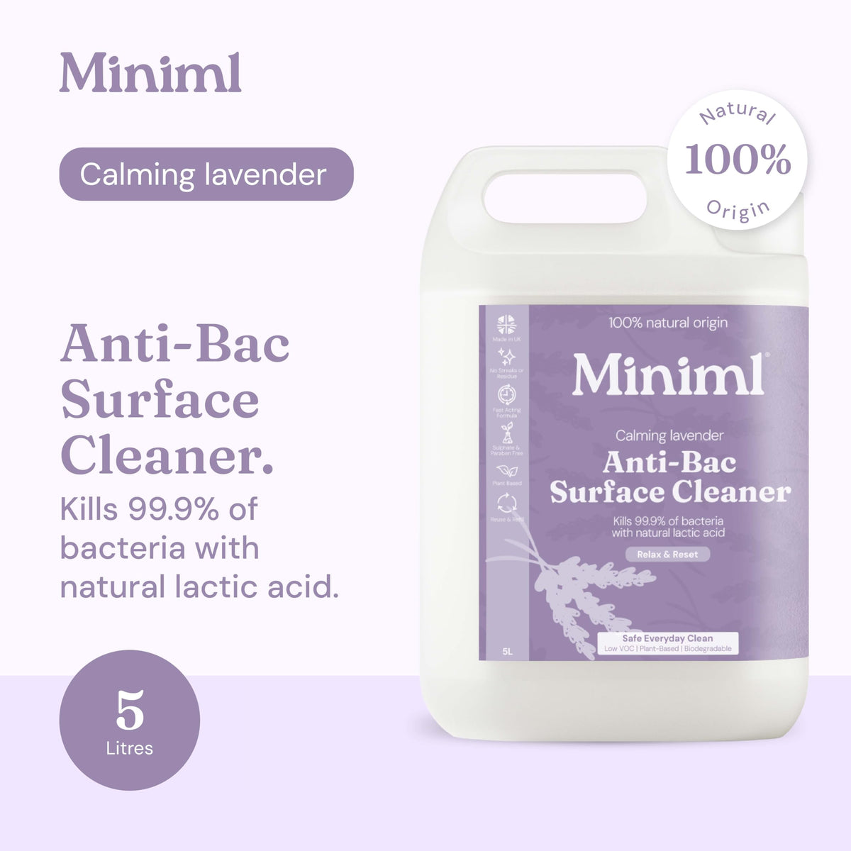 Miniml Eco Antibacterial Surface Cleaner Spray Refill 5L - French Lavender Disinfectant - New
