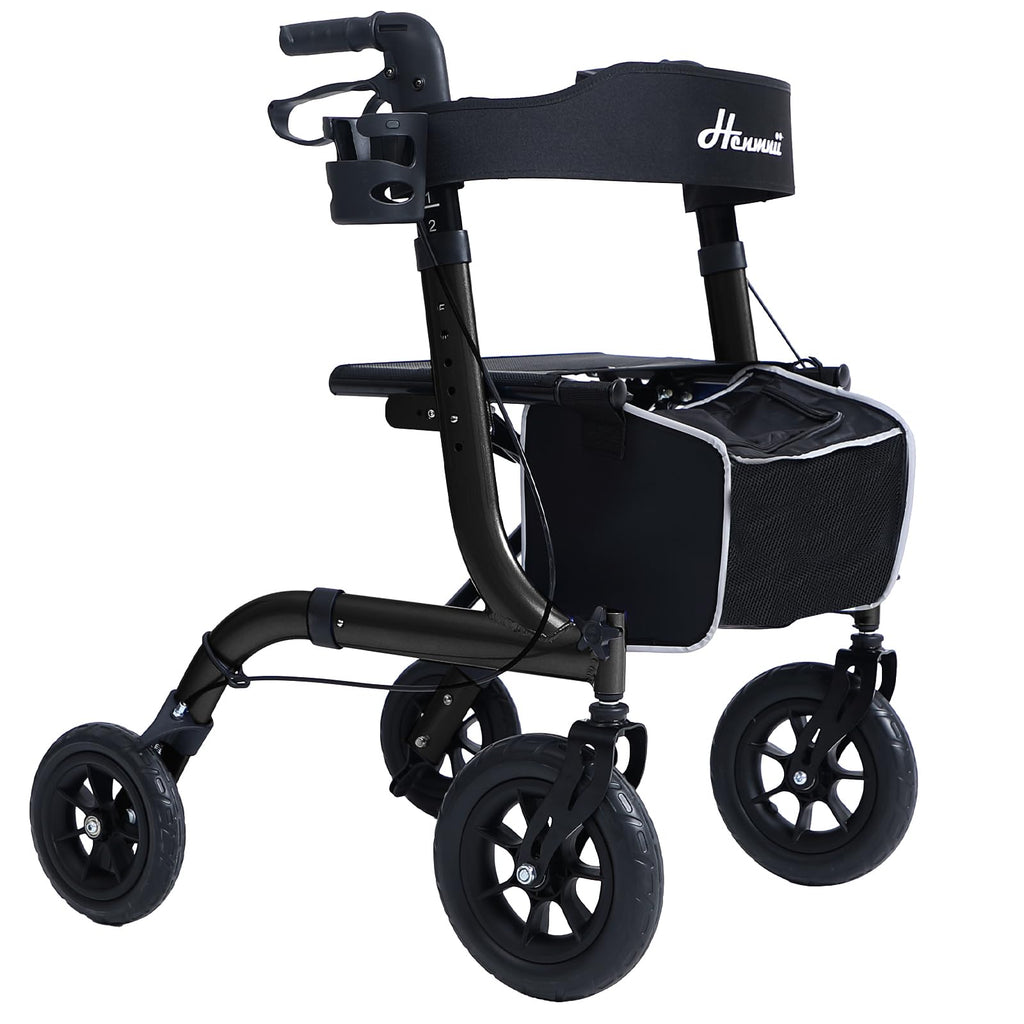 Rollator Walker Lightweight Foldable All Terrain with Seat - 10-inch Wheels, Handles, Backrest - Black for Seniors Adult - Damaged Box