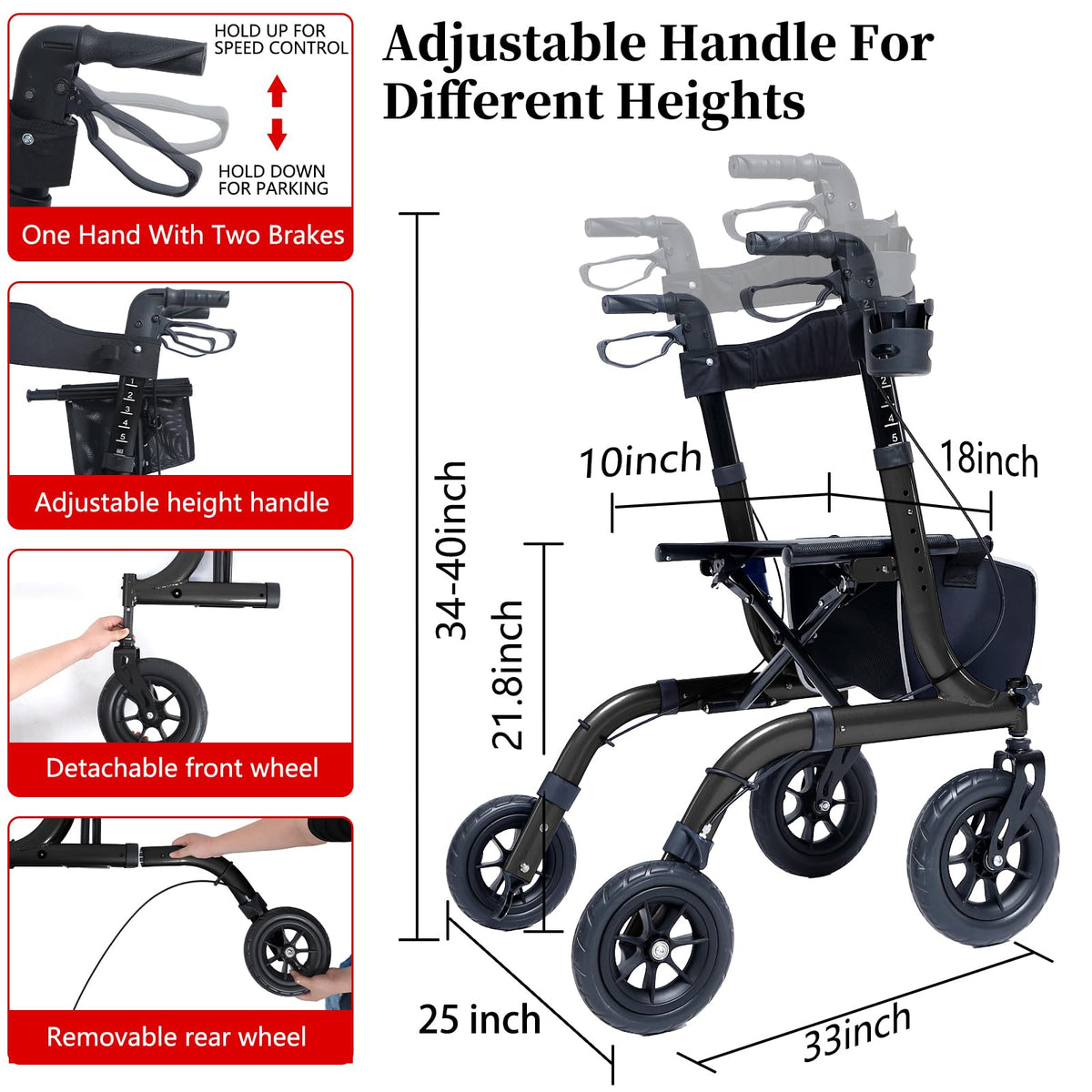 Rollator Walker Lightweight Foldable All Terrain with Seat - 10-inch Wheels, Handles, Backrest - Black for Seniors Adult - Damaged Box
