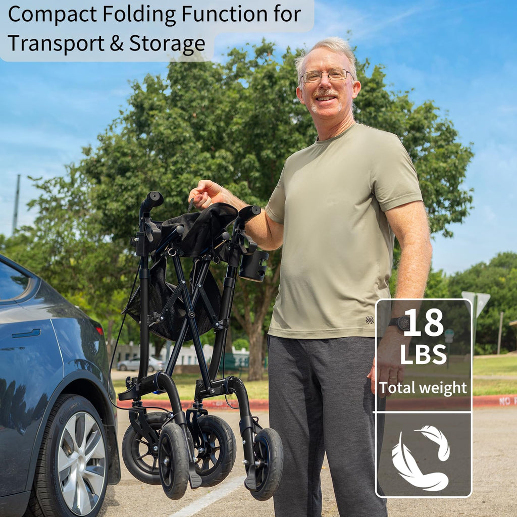 Rollator Walker Lightweight Foldable All Terrain with Seat - 10-inch Wheels, Handles, Backrest - Black for Seniors Adult - Damaged Box