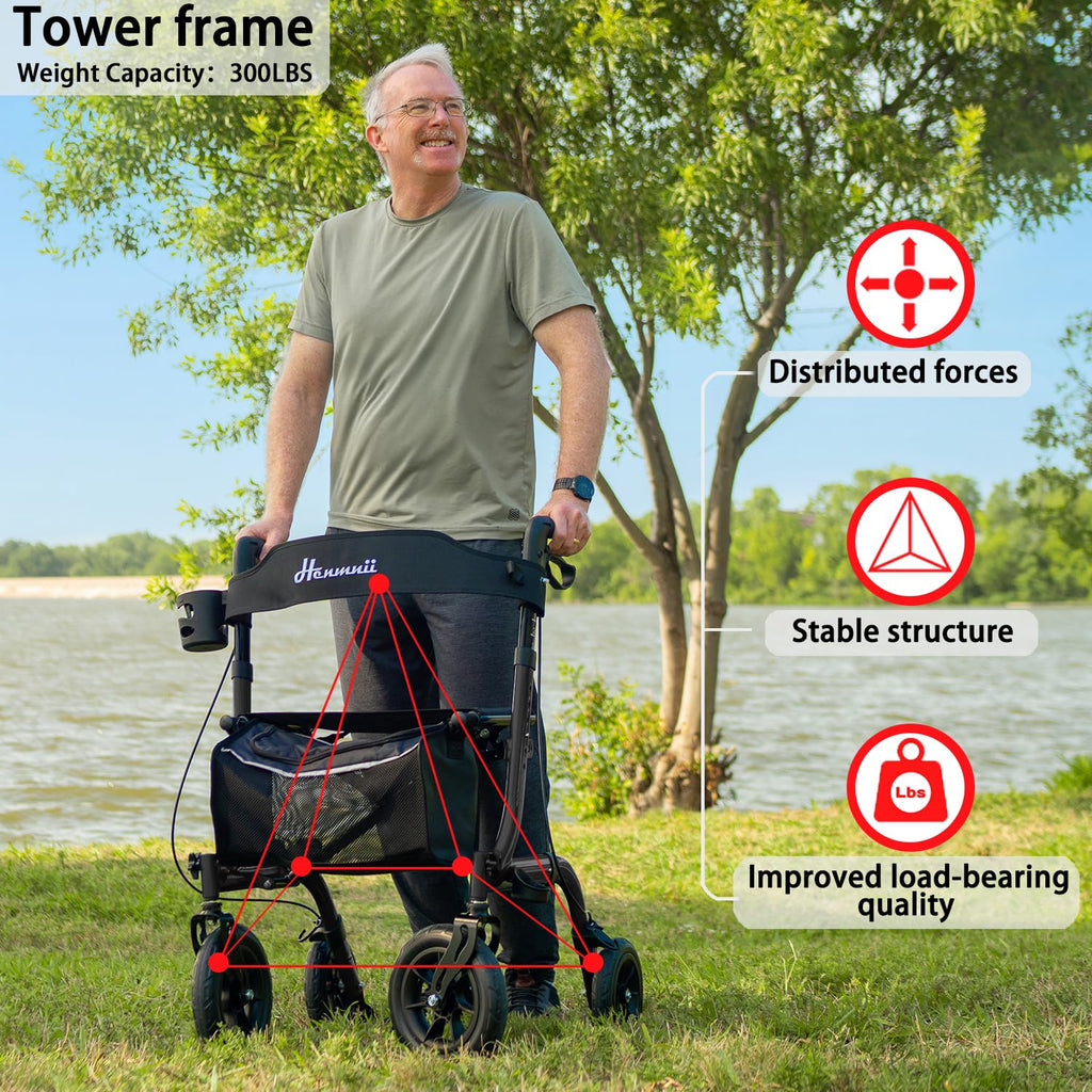 Rollator Walker Lightweight Foldable All Terrain with Seat - 10-inch Wheels, Handles, Backrest - Black for Seniors Adult - Damaged Box