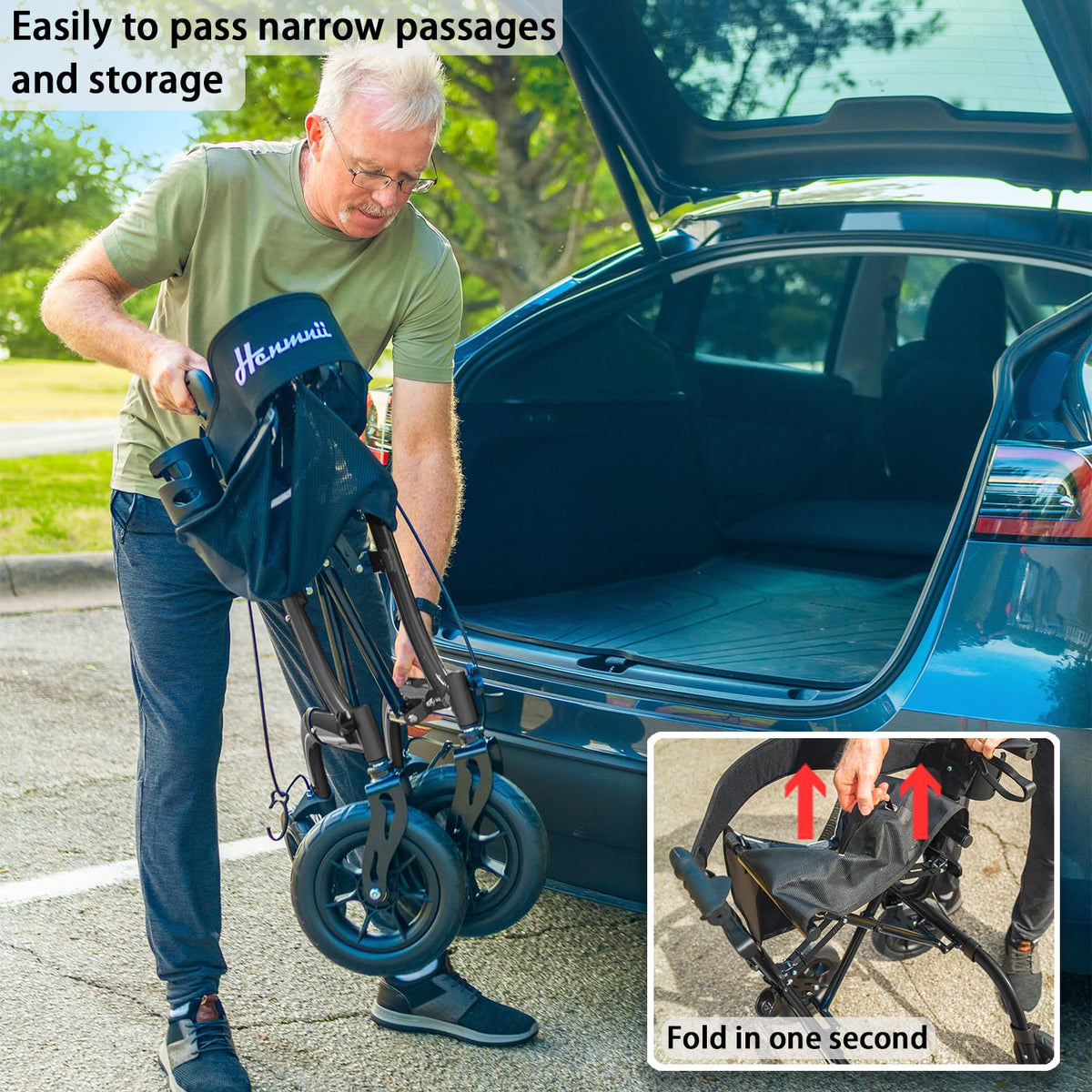 Rollator Walker Lightweight Foldable All Terrain with Seat - 10-inch Wheels, Handles, Backrest - Black for Seniors Adult - Damaged Box