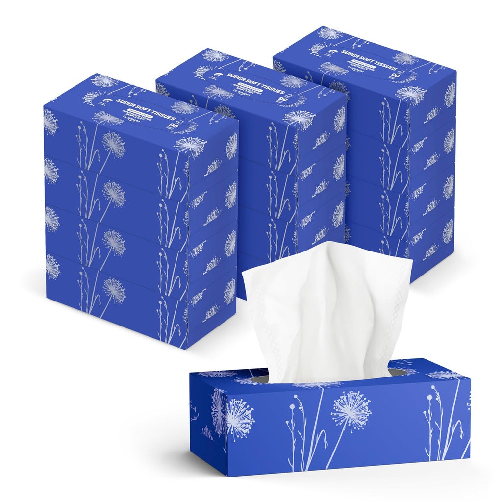Amazon 3-Ply Facial Tissues – 12 Packs x 90 Sheets – Soft Strong Bulk Pack – 1080 Total Sheets - Damaged Box