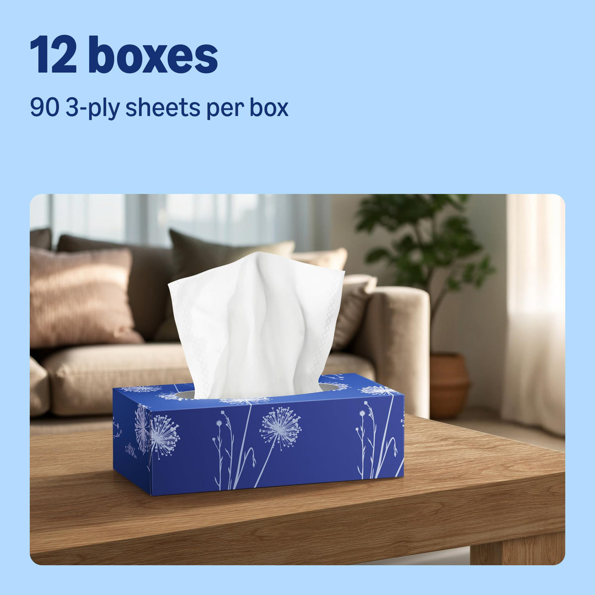 Amazon 3-Ply Facial Tissues – 12 Packs x 90 Sheets – Soft Strong Bulk Pack – 1080 Total Sheets - Damaged Box