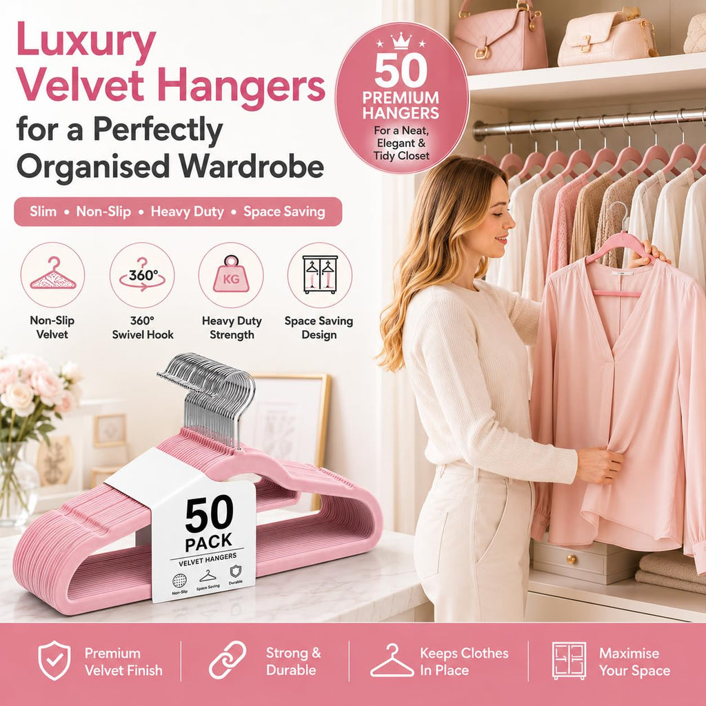 1ABOVE Velvet Hangers 20 Pack - Non-Slip Heavy Duty Suit Clothes Hangers with Tie Bar - 360 Swivel Hook - Pink 44cm Space Saving - Damaged Box