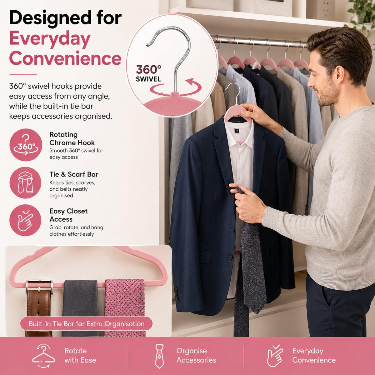 1ABOVE Velvet Hangers 20 Pack - Non-Slip Heavy Duty Suit Clothes Hangers with Tie Bar - 360 Swivel Hook - Pink 44cm Space Saving - Damaged Box