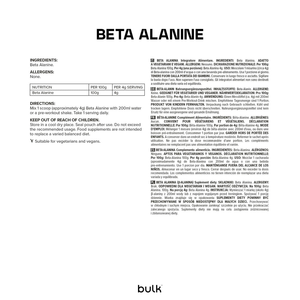 Bulk Beta Alanine Powder Unflavoured 500g - Pure Amino Acid Supplement for Sports Performance - New - BBE 08/2029
