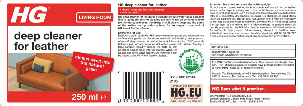 HG Leather Deep Cleaner - Safe Mild Water-Based Formula - Bags Boots Jackets Sofas - 250ml - New