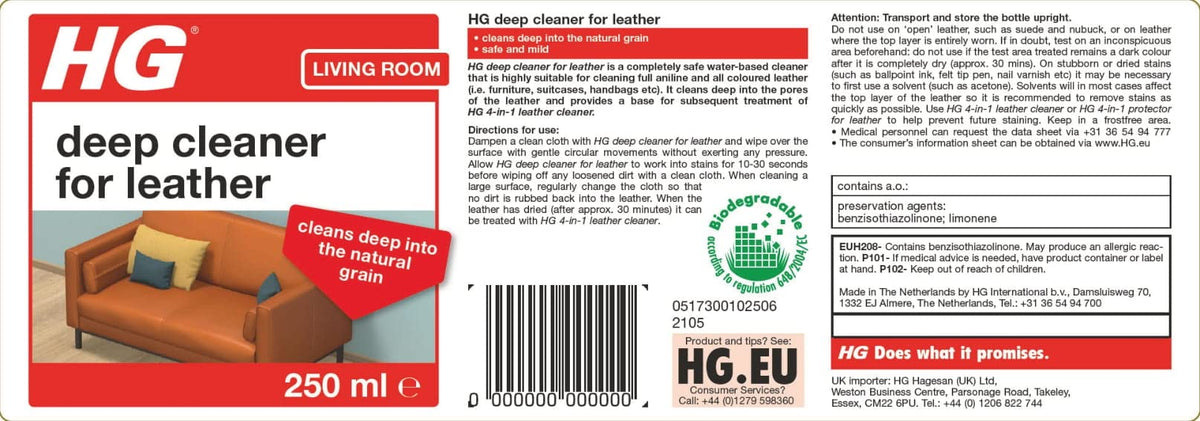 HG Leather Deep Cleaner - Safe Mild Water-Based Formula - Bags Boots Jackets Sofas - 250ml - New