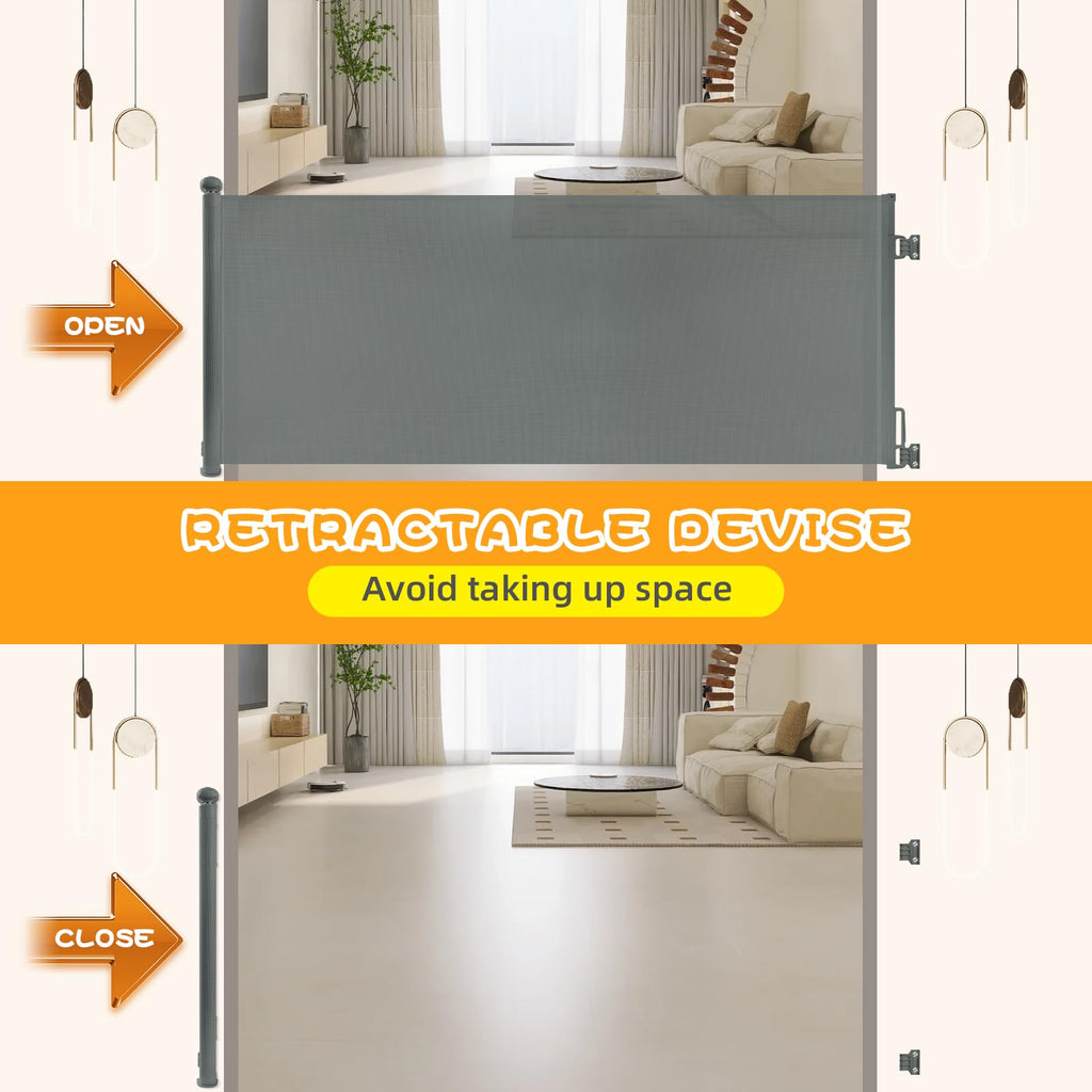 Rainberg Retractable Stair Gate - Baby & Pet Safety Barrier - 180cm Wide 80cm Tall - One Hand Operated Child Gate - Grey - Damaged Box