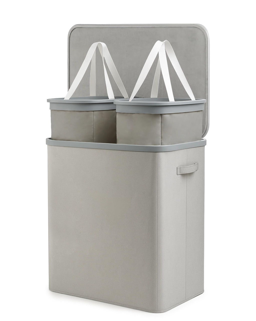 Keplin Collapsible Double Laundry Basket - 150L 2-Compartment Clothes Sorter Hamper with Lid, Removable Liner, Handles - Grey - Damaged Box