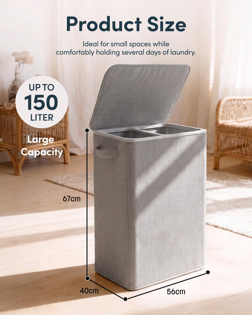 Keplin Collapsible Double Laundry Basket - 150L 2-Compartment Clothes Sorter Hamper with Lid, Removable Liner, Handles - Grey - Damaged Box