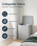 Keplin Collapsible Double Laundry Basket - 150L 2-Compartment Clothes Sorter Hamper with Lid, Removable Liner, Handles - Grey - Damaged Box