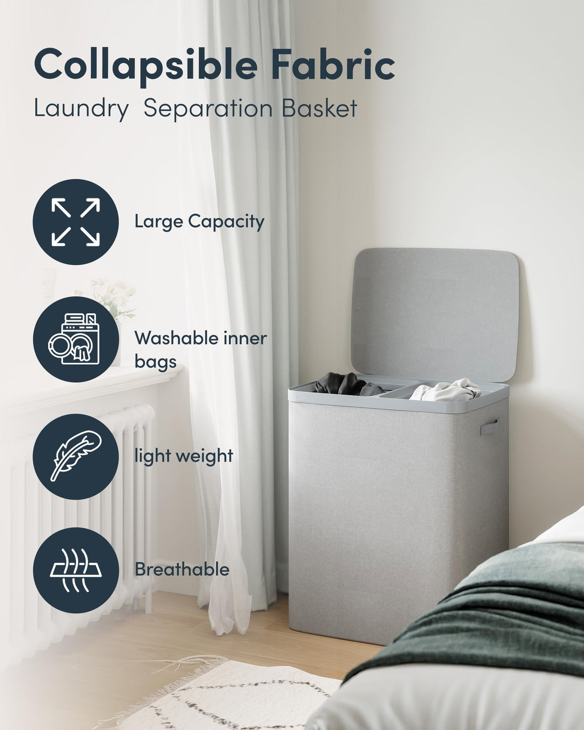 Keplin Collapsible Double Laundry Basket - 150L 2-Compartment Clothes Sorter Hamper with Lid, Removable Liner, Handles - Grey - Damaged Box