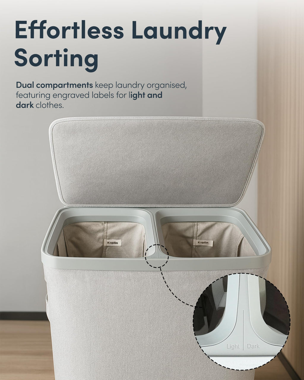 Keplin Collapsible Double Laundry Basket - 150L 2-Compartment Clothes Sorter Hamper with Lid, Removable Liner, Handles - Grey - Damaged Box