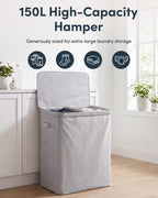 Keplin Collapsible Double Laundry Basket - 150L 2-Compartment Clothes Sorter Hamper with Lid, Removable Liner, Handles - Grey - Damaged Box