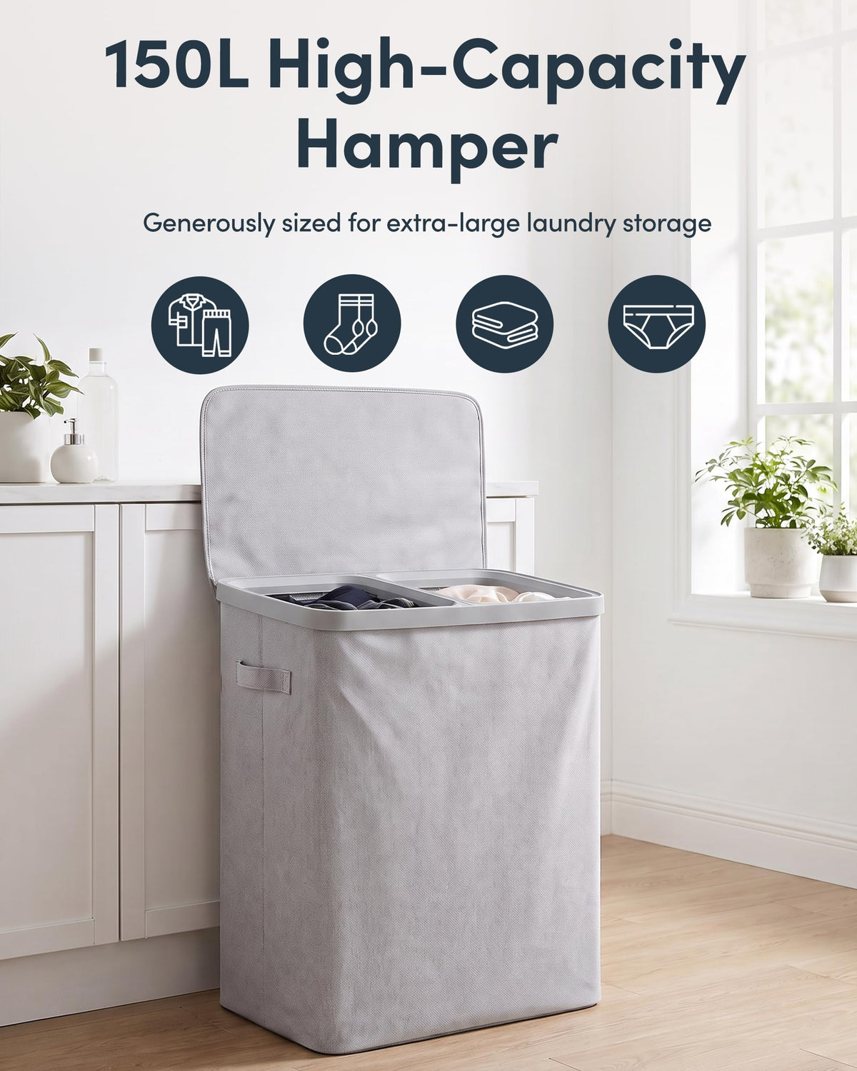 Keplin Collapsible Double Laundry Basket - 150L 2-Compartment Clothes Sorter Hamper with Lid, Removable Liner, Handles - Grey - Damaged Box
