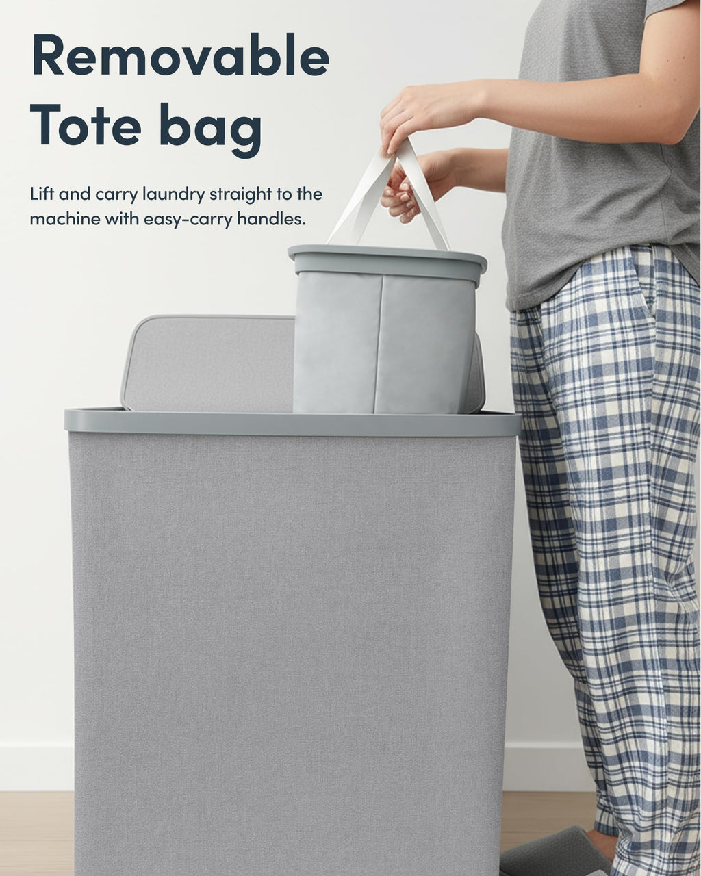 Keplin Collapsible Double Laundry Basket - 150L 2-Compartment Clothes Sorter Hamper with Lid, Removable Liner, Handles - Grey - Damaged Box