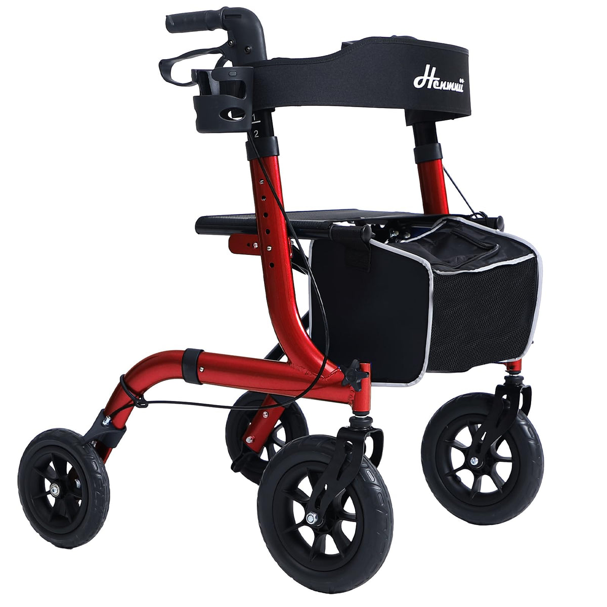 Lightweight Foldable Rollator Walker for Seniors - All Terrain Rolling Walker with Seat - 10-inch Wheels - Red Aluminum - Damaged Box