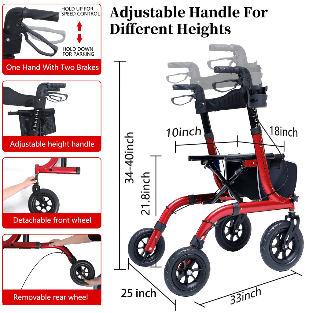 Lightweight Foldable Rollator Walker for Seniors - All Terrain Rolling Walker with Seat - 10-inch Wheels - Red Aluminum - Damaged Box