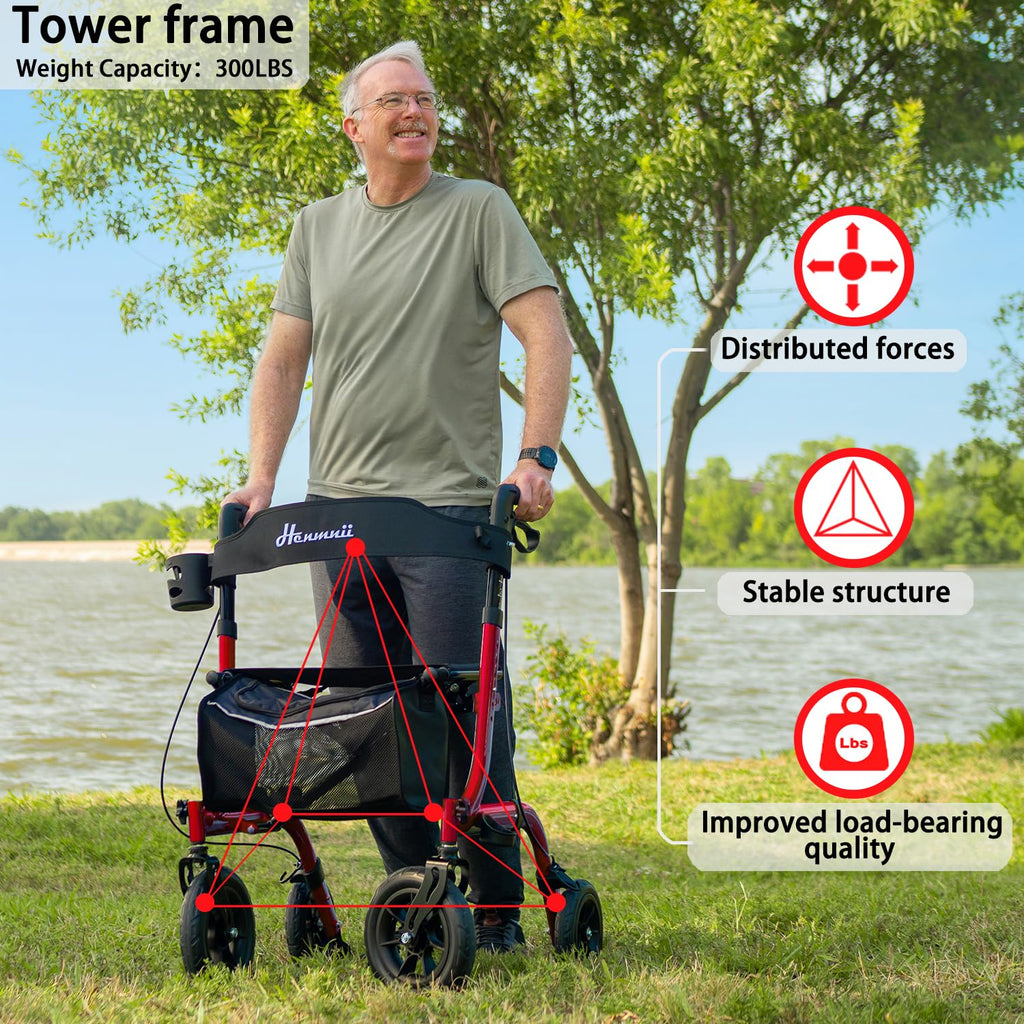 Lightweight Foldable Rollator Walker for Seniors - All Terrain Rolling Walker with Seat, 10" Wheels, Backrest - Red Aluminium - New
