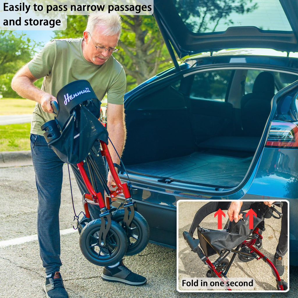 Lightweight Foldable Rollator Walker for Seniors - All Terrain Rolling Walker with Seat, 10" Wheels, Backrest - Red Aluminium - New