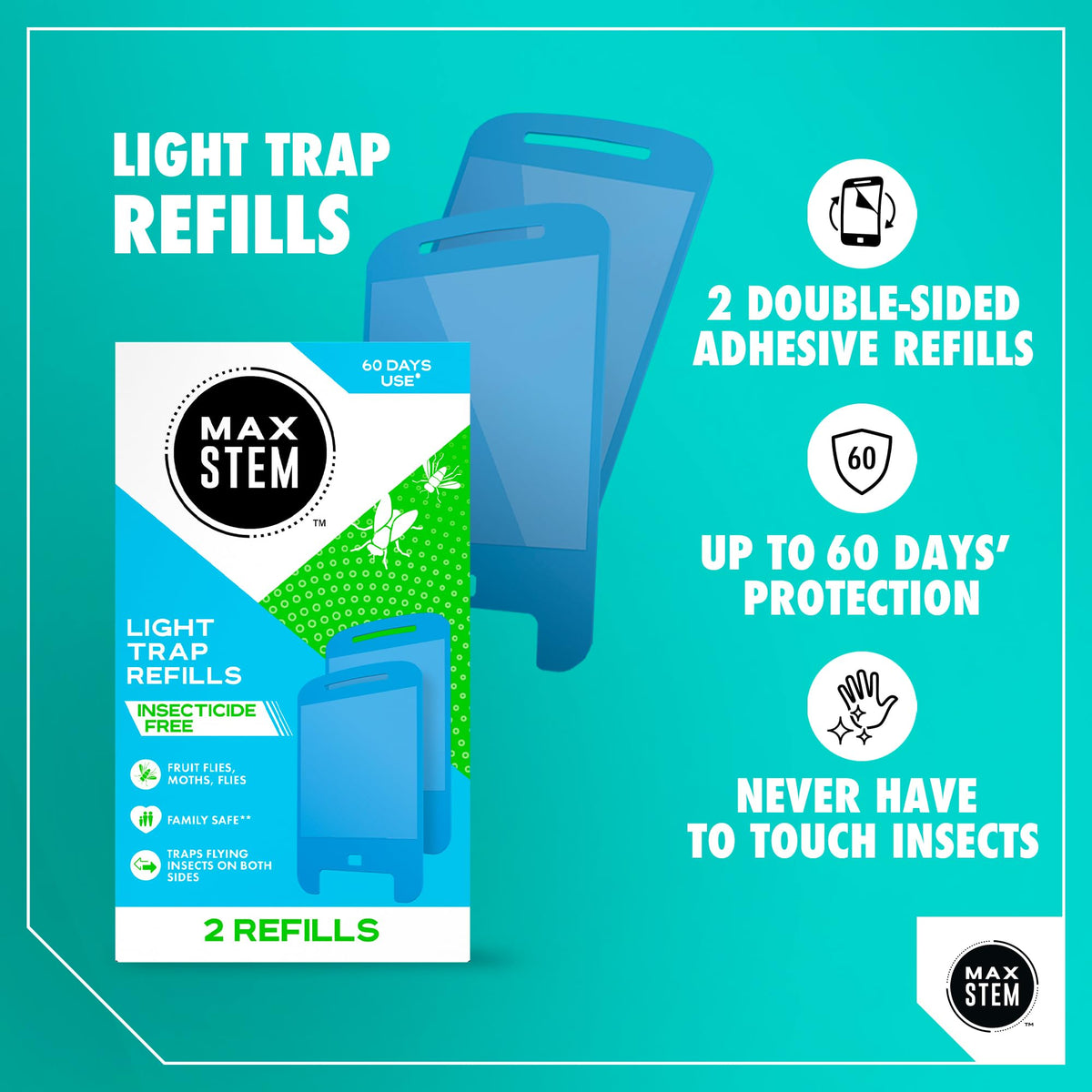 MAX STEM 2X LED Light Trap Refills - 2 Pack - Fly Gnat Moth Insect Catcher - Indoor Protection - Insecticide-Free Odourless - New