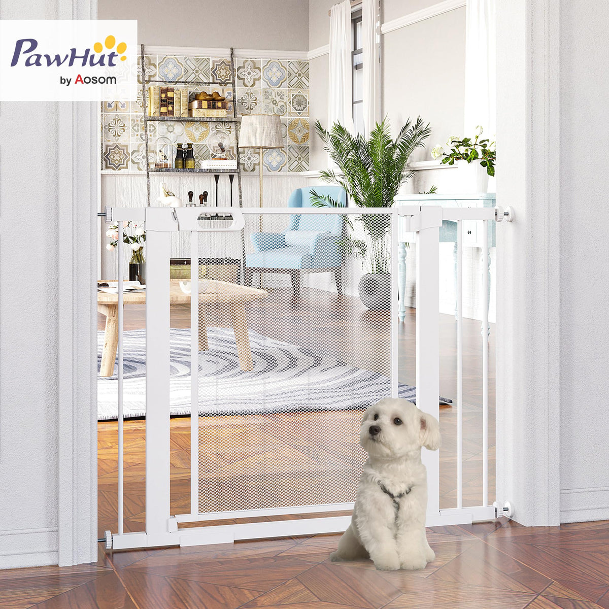 PawHut Pressure Fit Safety Gate Auto Close Door 75-82cm White Pet Dog Baby Child Safety Barrier - Very Good
