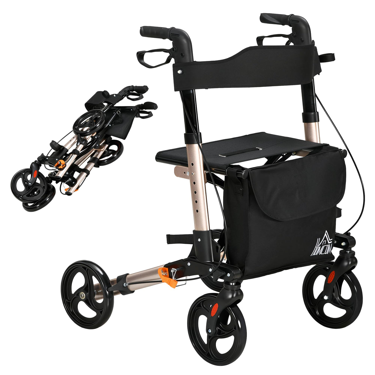 HOMCOM Rollator Walker with Seat - Compact Folding Mobility Aid - 8" Wheels - Gold Tone - New