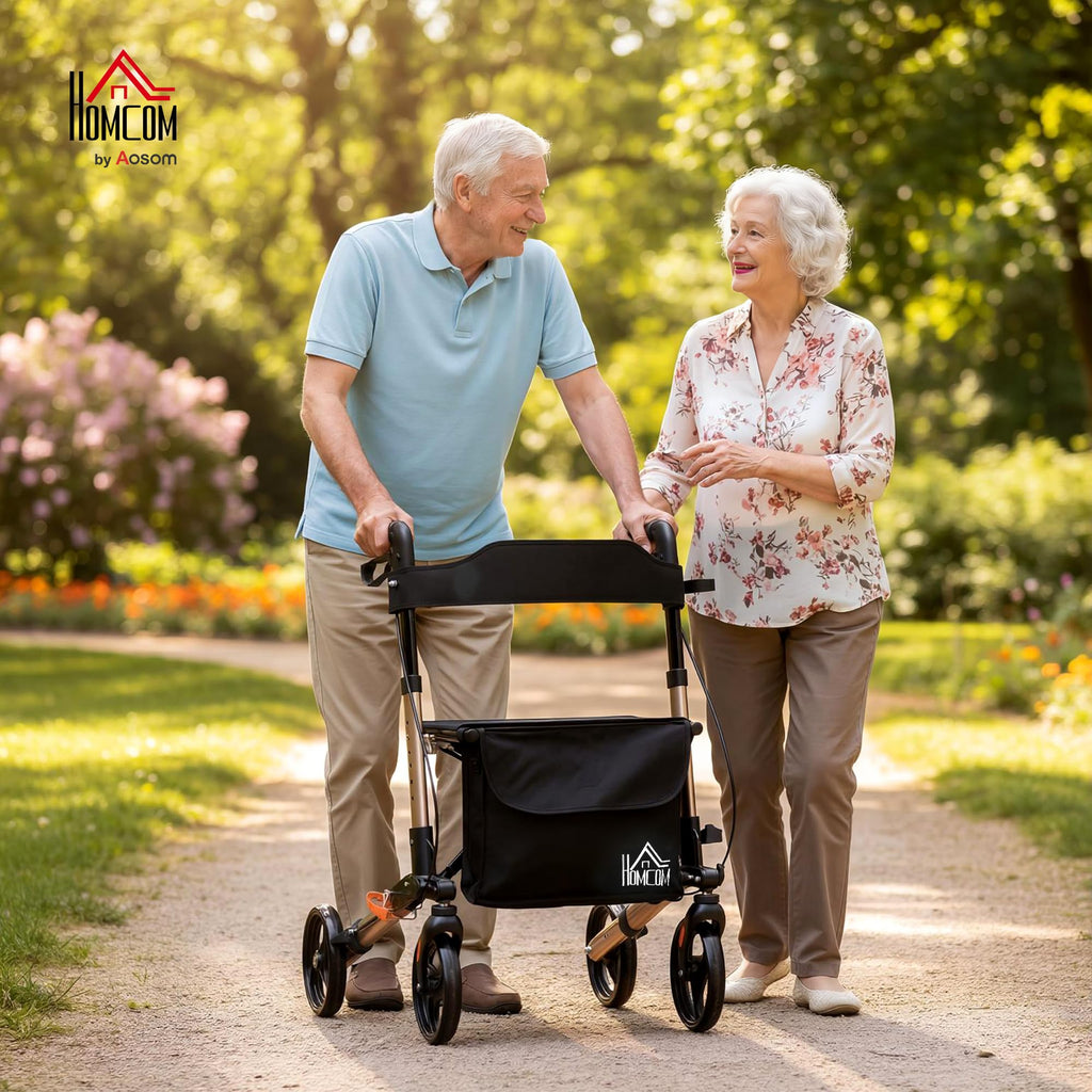 HOMCOM Rollator Walker with Seat - Compact Folding Mobility Aid - 8" Wheels - Gold Tone - New