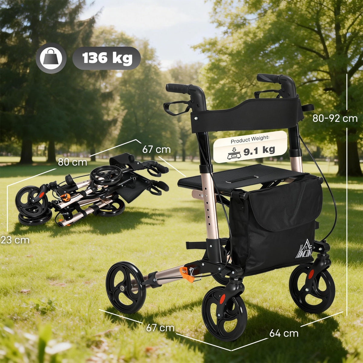 HOMCOM Rollator Walker with Seat - Compact Folding Mobility Aid - 8" Wheels - Gold Tone - New