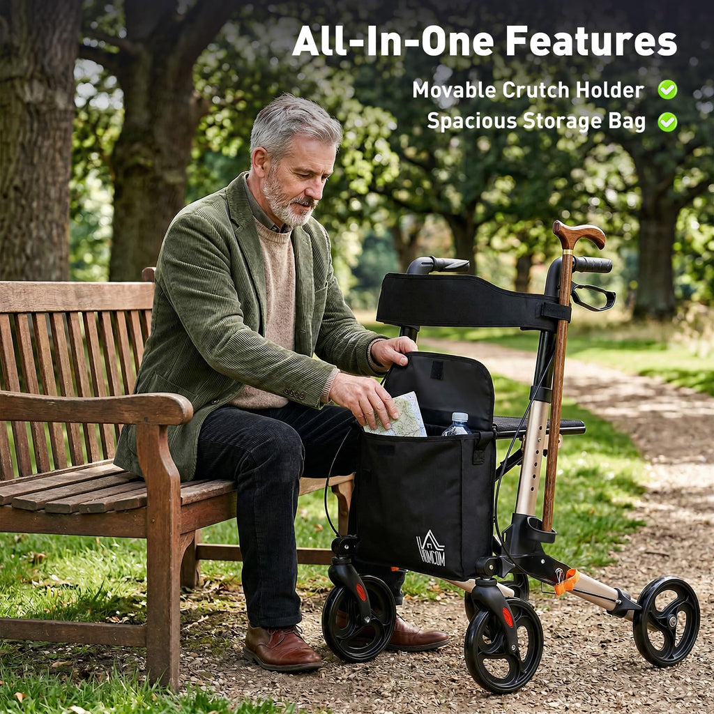 HOMCOM Rollator Walker with Seat - Compact Folding Mobility Aid - 8" Wheels - Gold Tone - New