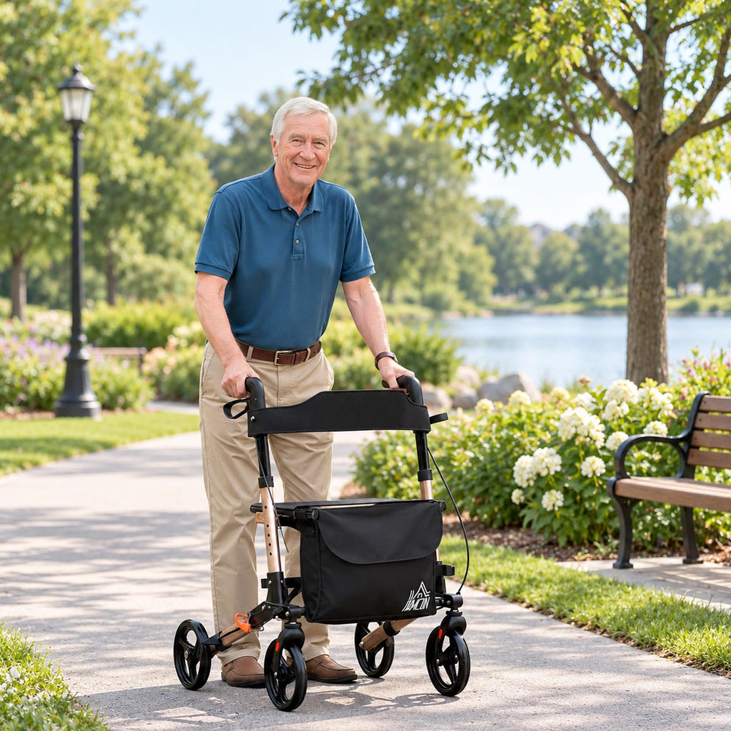 HOMCOM Rollator Walker with Seat - Compact Folding Mobility Aid - 8" Wheels - Gold Tone - New