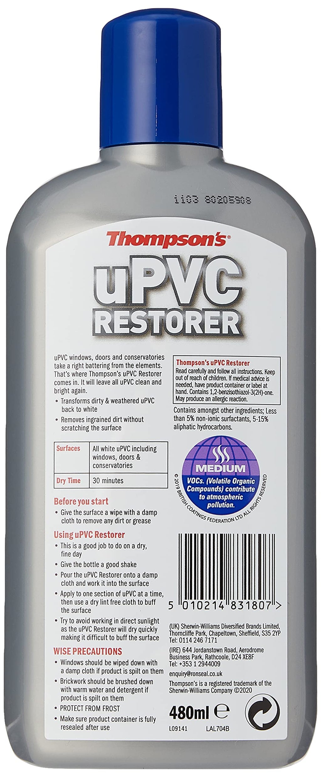 Thompsons UPVC Restorer - White Plastic Cleaner & Restorer - 480ml Bottle - New