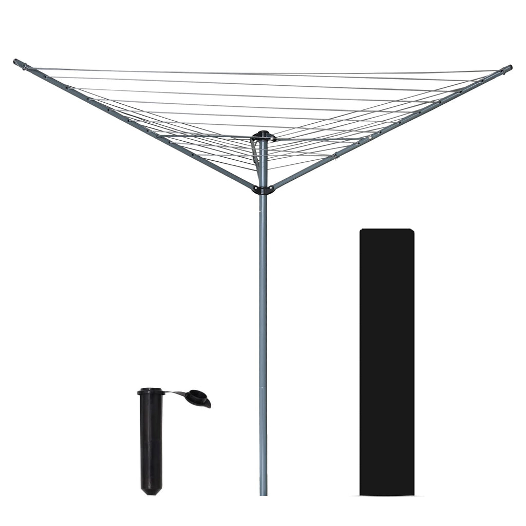 Ram 3 Arm Rotary Washing Line - 30m Garden Clothes Airer Dryer - Folding Rotary Line with Ground Spike & Cover - Grey - New