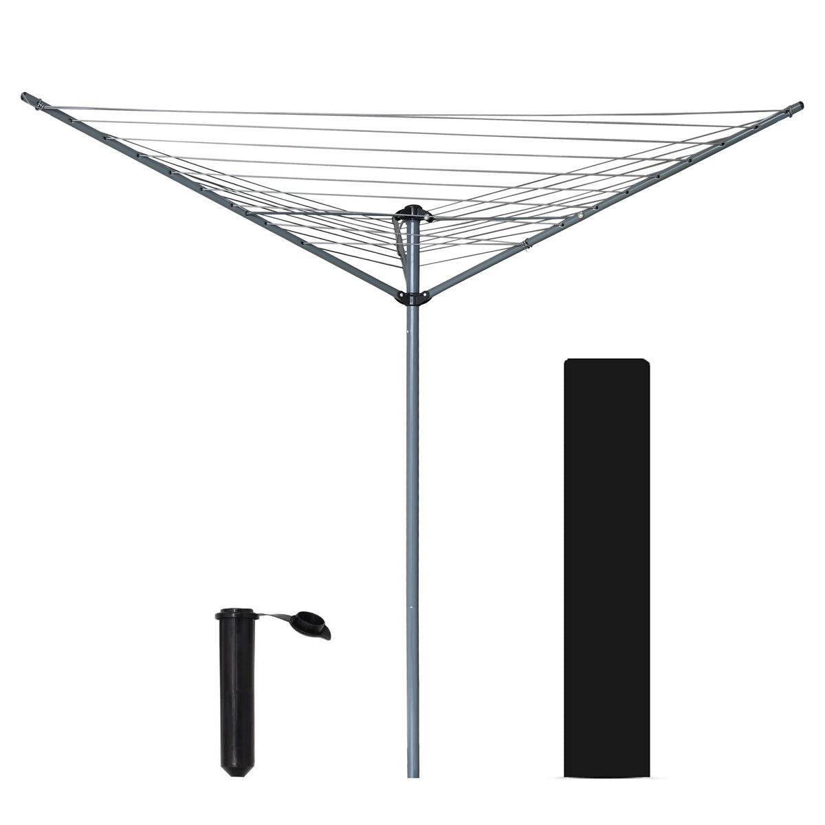 Ram 3 Arm Rotary Washing Line - 30m Garden Clothes Airer Dryer - Folding Rotary Line with Ground Spike & Cover - Grey - New