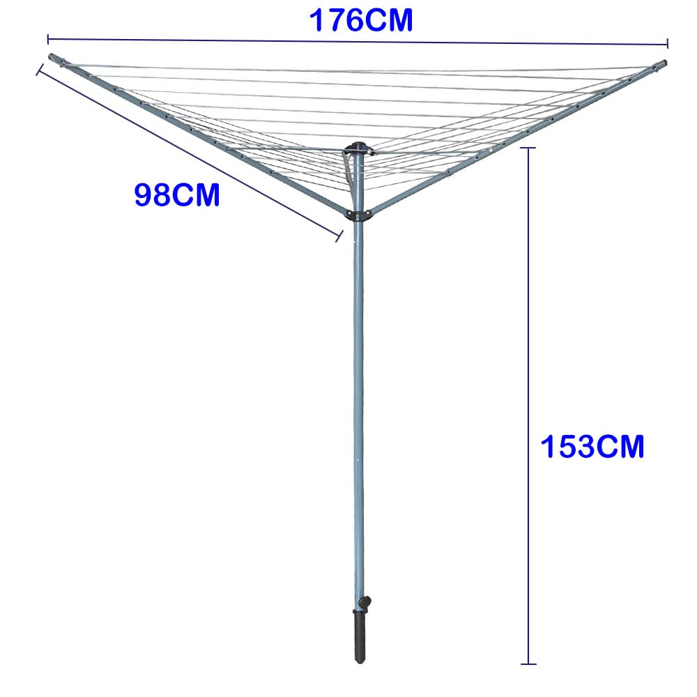 Ram 3 Arm Rotary Washing Line - 30m Garden Clothes Airer Dryer - Folding Rotary Line with Ground Spike & Cover - Grey - New