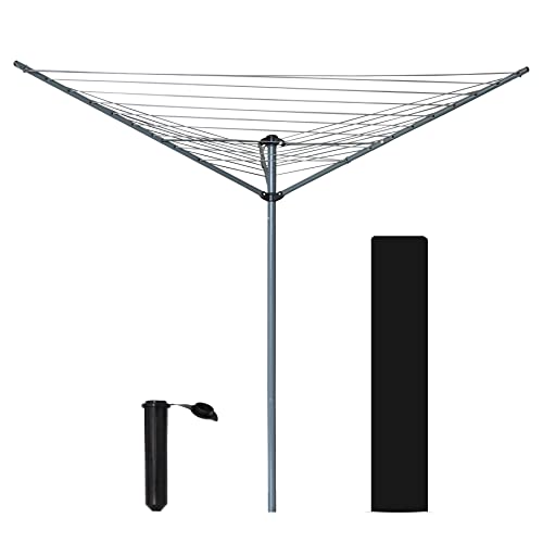 Ram 3 Arm Rotary Washing Line - 30m Garden Clothes Airer Dryer - Folding Rotary Line with Ground Spike & Cover - Grey - New