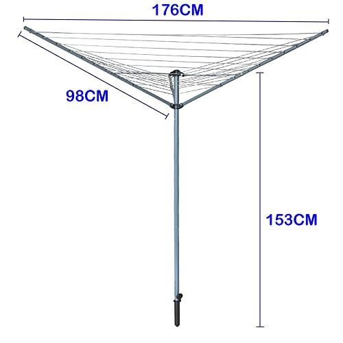 Ram 3 Arm Rotary Washing Line - 30m Garden Clothes Airer Dryer - Folding Rotary Line with Ground Spike & Cover - Grey - New