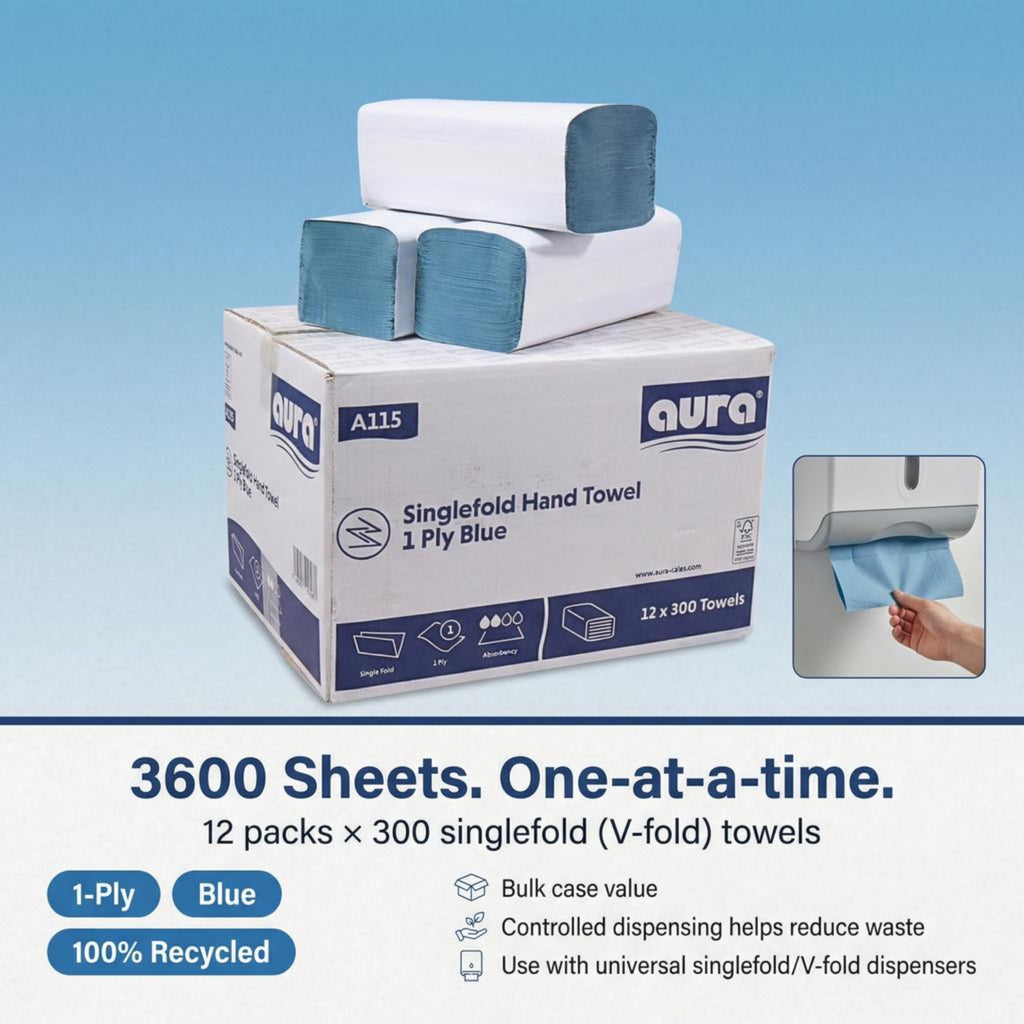 Aura V-Fold Paper Hand Towels - 1 Ply Blue Recycled - 3600 Sheets Bulk Pack - New
