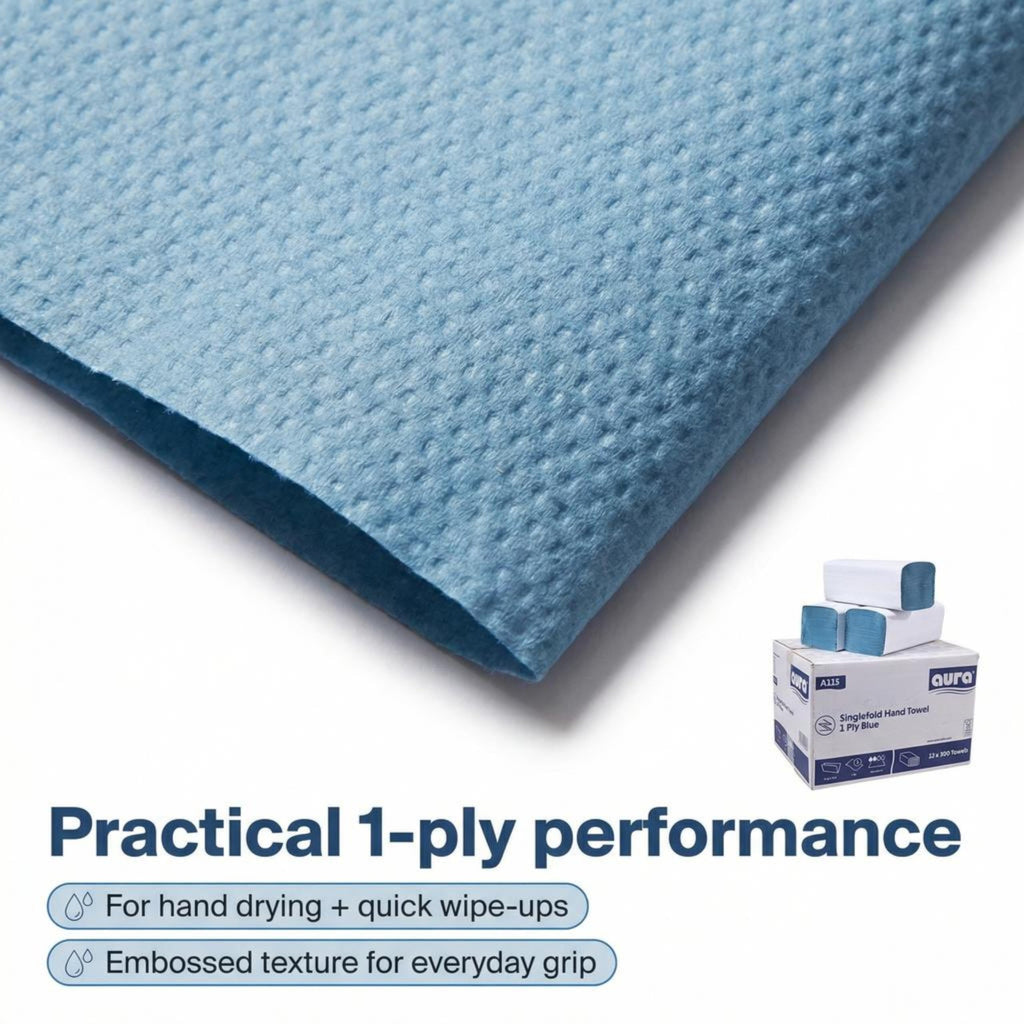 Aura V-Fold Paper Hand Towels - 1 Ply Blue Recycled - 3600 Sheets Bulk Pack - New